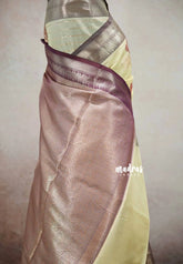 Mild yellow - Banarasi soft silk floral and horizontal stripes weaving - Durga